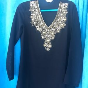 Black  long-sleeve beaded sheer top/beach cover